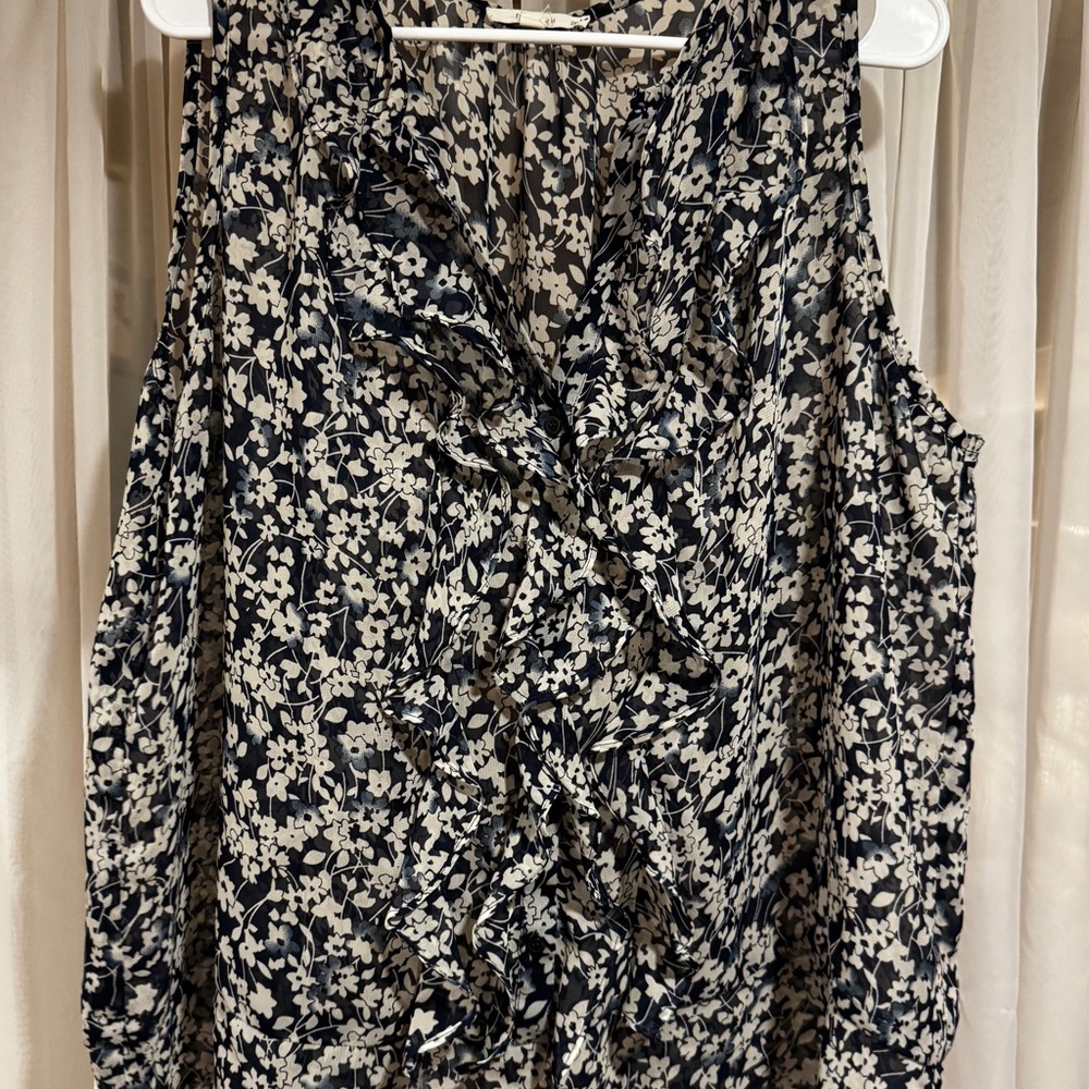 Black, Blue and White Ruffled Button Front Blouse